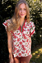 Floral Cotton Flutter Sleeve Blouse- Women's Cotton Tops- Entro Tops