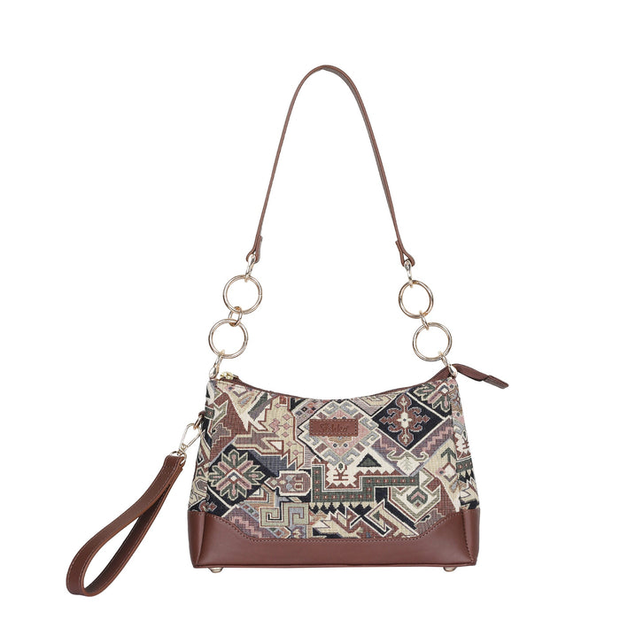 Women's Geometric Tapestry Chain Shoulder Bag with Leather Trim - Canada & USA