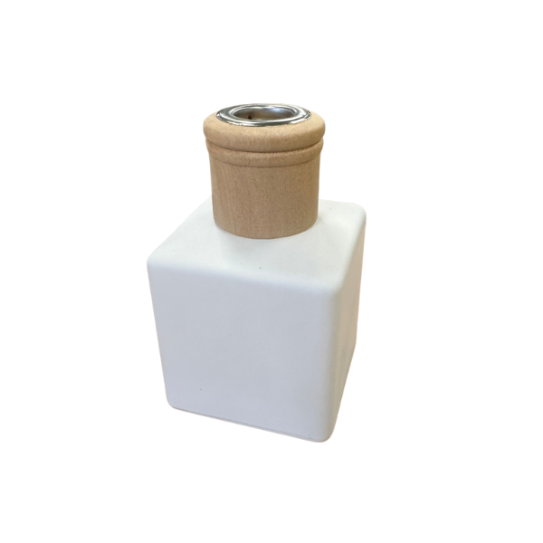 Glass Diffuser Bottle Matt White - 125ml - Square with Wood Cap and Metal Insert
