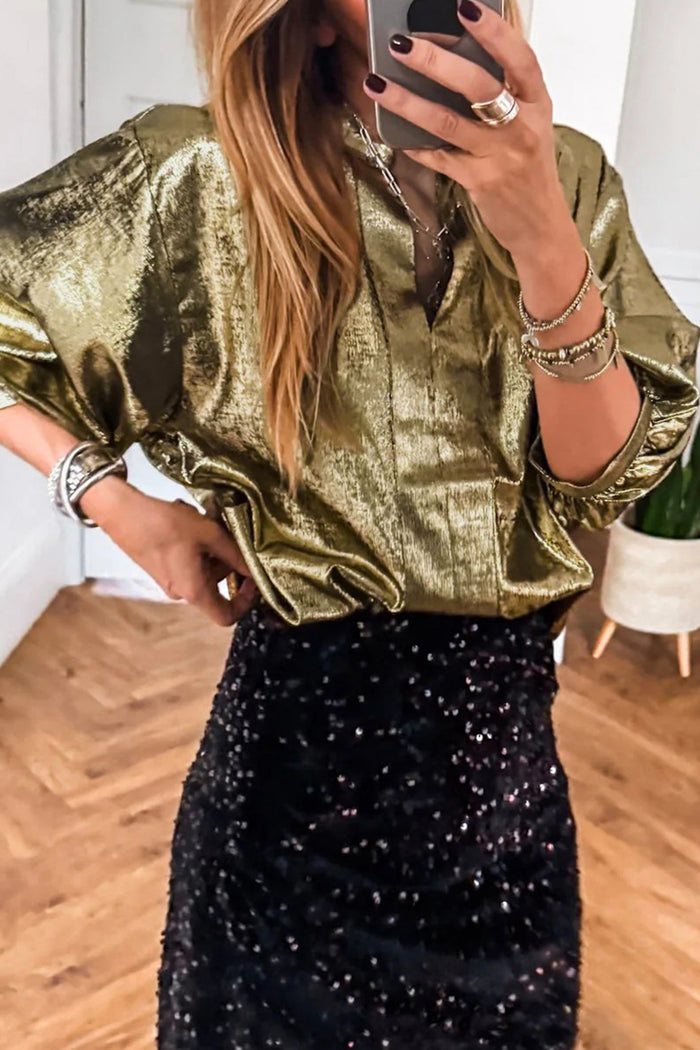 Gold Metallic Split Neck Half Sleeve Blouse