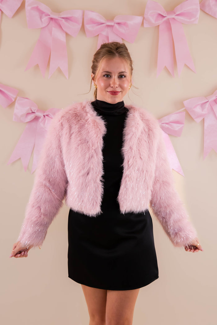 Blush Fur Jacket With Silver Tinsel- Shimmering Pink Fur Jacket- Affordable Fur Jacket