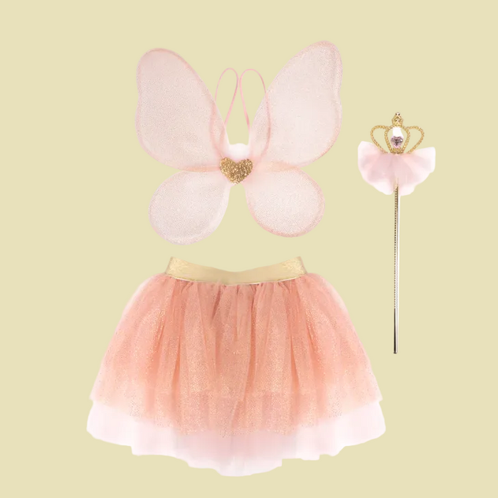 Pink fairy wings, wand, and dress with gold accent