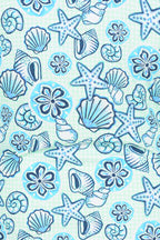 Pattern of blue seashells and starfish on a light blue background.