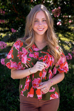 Green and Pink Floral Blouse- Women's Cotton Tops- THML Tops