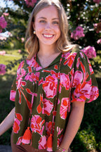 Green and Pink Floral Blouse- Women's Cotton Tops- THML Tops