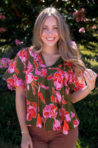 Green and Pink Floral Blouse- Women's Cotton Tops- THML Tops