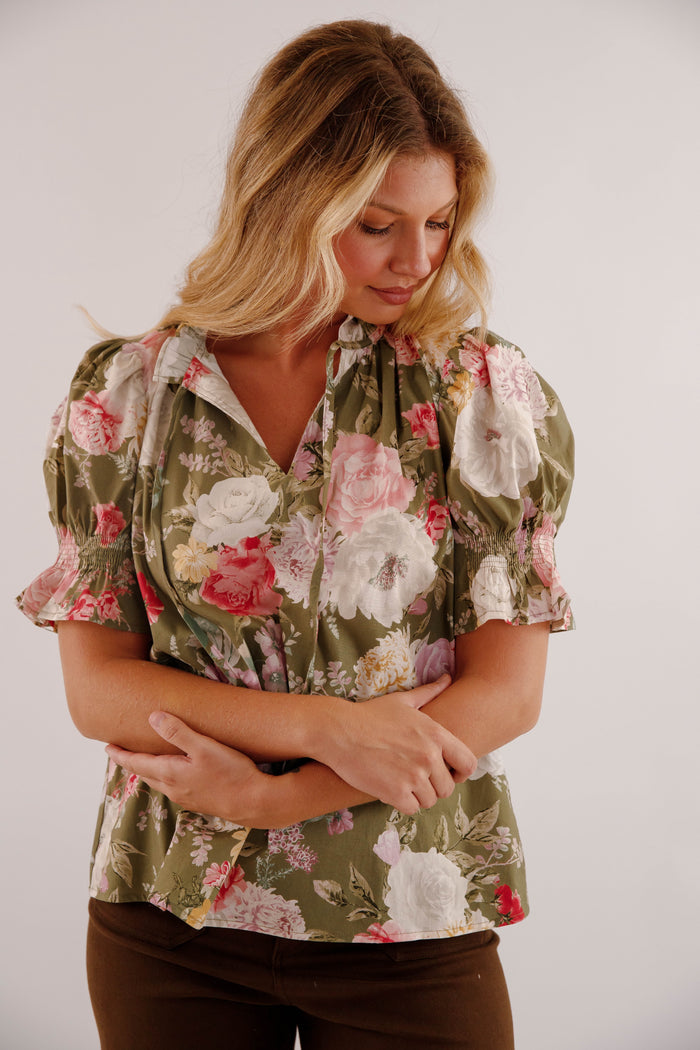 Floral Print Puff Sleeve Blouse- Women's Work Tops- Entro Floral Blouse