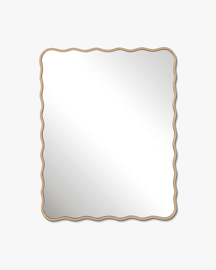 Rectangular wall mirror with a softly wavy frame, finished in a warm gold tone, displayed against a plain background.