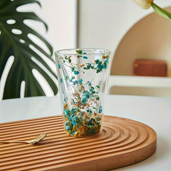 High borosilicate double-layer glass cup with dried flowers 350 ml – Home Hatch Pakistan