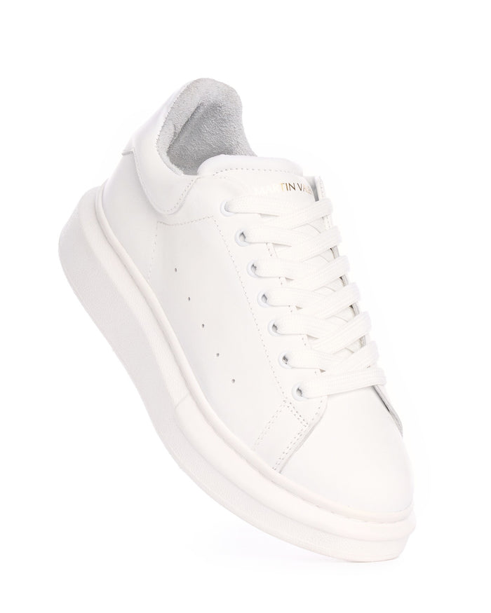 Martin Valen Hype Sole white leather sneaker, angled top-front view showing laces and padded heel tab