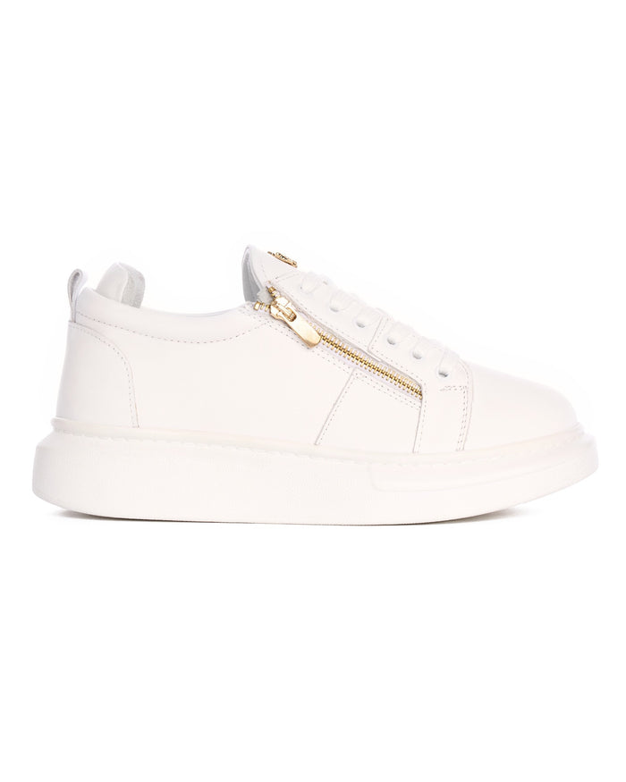 Martin Valen Hype Sole white leather sneakers, close side view showing gold zipper detail