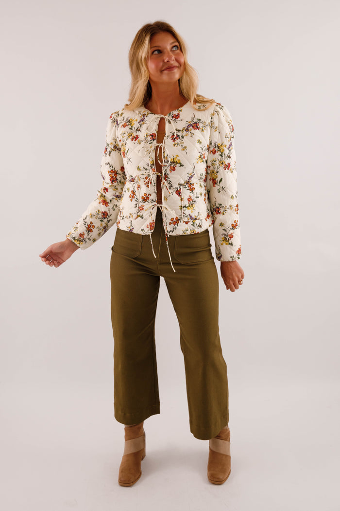 Front Tie Quilted Jacket- Women's Floral Print Quilted Jacket- Entro Jackets for Women