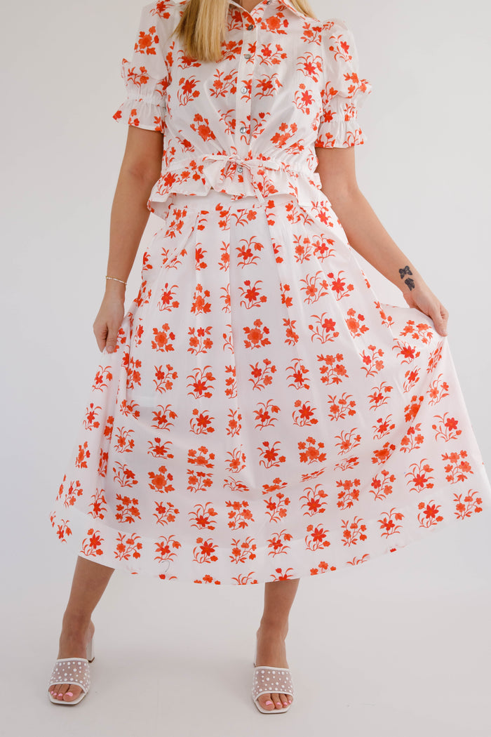 Red Floral Two Piece Set- Women's Matching Set- Midi Skirt Set