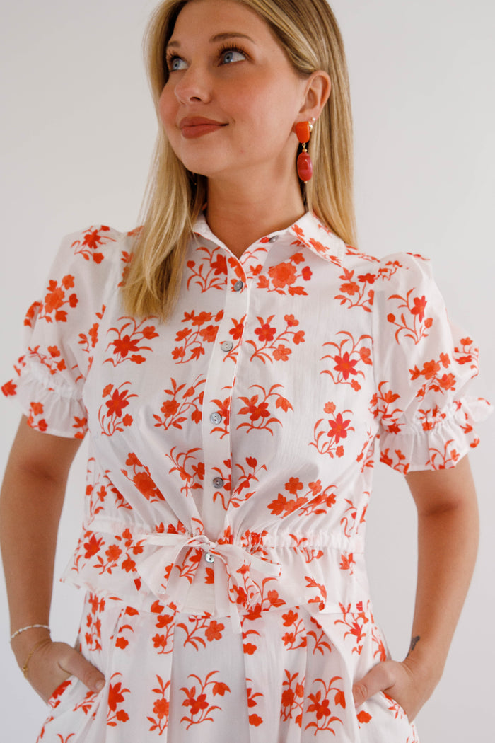 Red and White Floral Top- Women's Matching Set- Entro Matching Top and Skirt