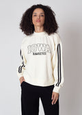 Iowa Hawkeyes Women's Black Relaxed, boxy, waist length Premium fleece Sweatshirt with Mock neck and striped rib at neckline, cuffs and hem