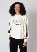 Iowa Hawkeyes Women's Black Relaxed, boxy, waist length Premium fleece Sweatshirt with Mock neck and striped rib at neckline, cuffs and hem
