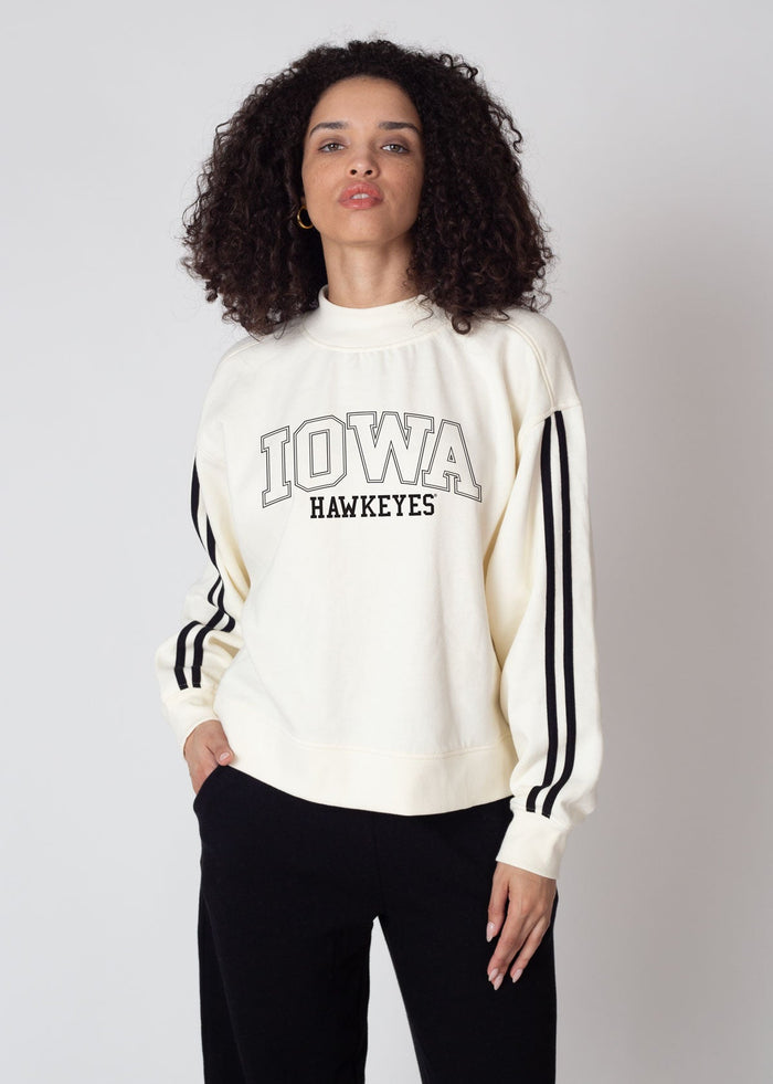 Iowa Hawkeyes Women's Black Relaxed, boxy, waist length Premium fleece Sweatshirt with Mock neck and striped rib at neckline, cuffs and hem