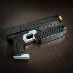 Full view of the Judge Dredd Lawgiver prop gun for Mega-City One cosplay