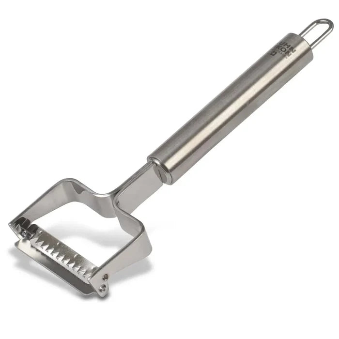 A stainless steel julienne peeler with a long handle and a two-bladed end.