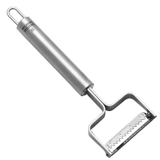 A stainless steel julienne peeler with a long handle and a two-bladed end.