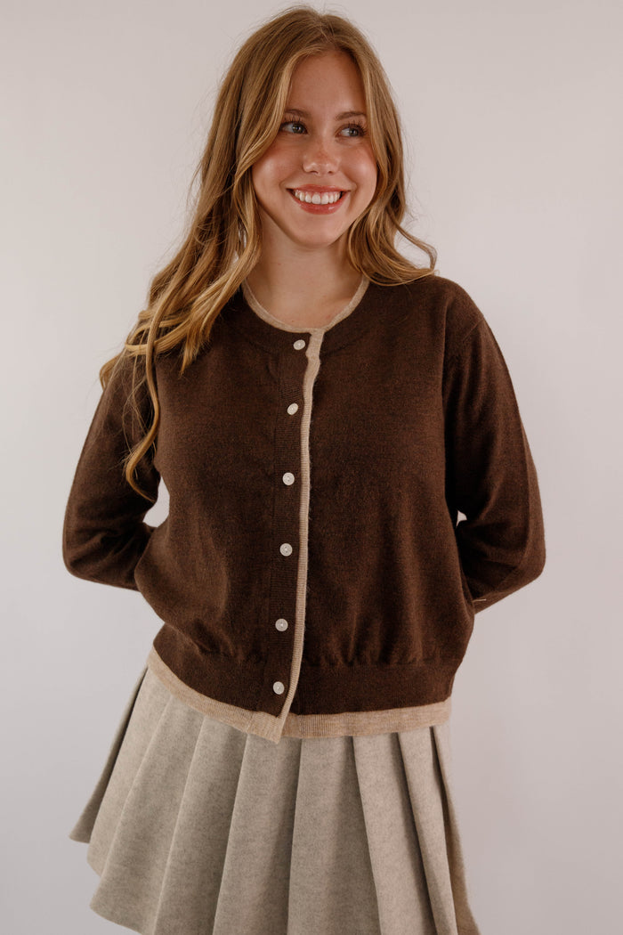 Brown Two Toned Cardigan- Women's Layering Cardigan- Miou Muse