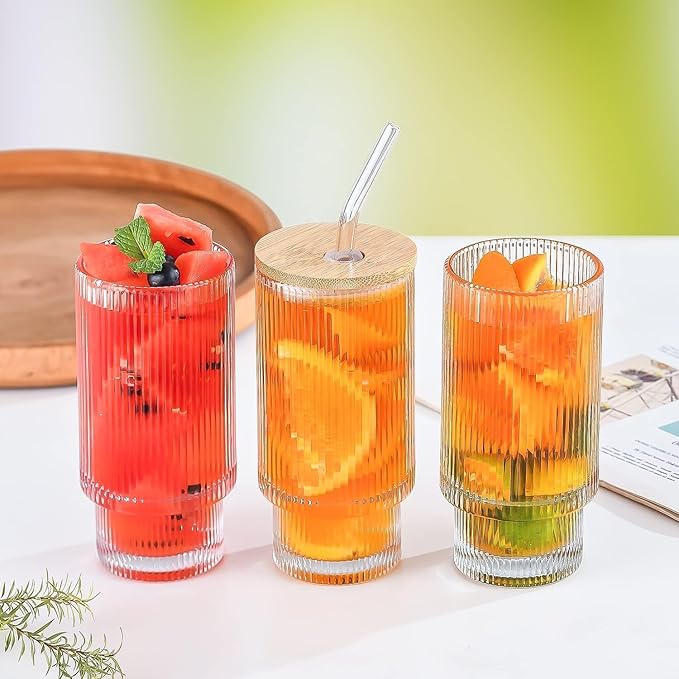 Lined Slim Bottom Transparent Glass Tumbler with Bamboo Lid And Glass Straw