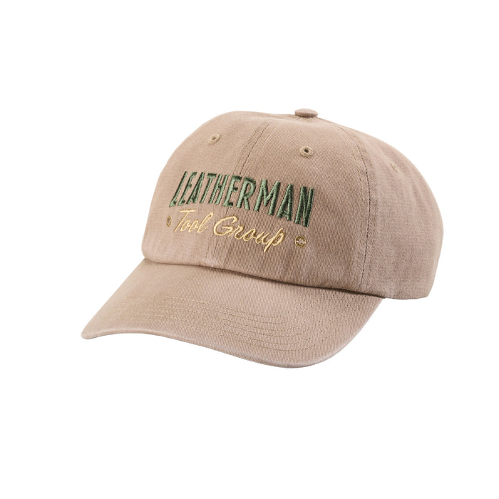 Natural gold Leatherman Dad Hat with a simple logo and a soft, cotton feel