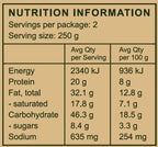Nutrition facts label showing energy, protein, fat, carbs, sugars, and sodium per serving for organic meals