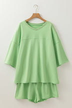 Meadow Mist Green Plus Size V Neck Drop Shoulder Tee Loose Shorts 2pcs Outfit