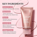 Medicube skincare product with key ingredients listed on a pink background