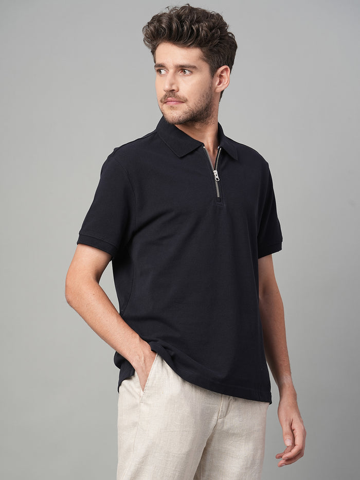 Men's 100% Cotton Zip Polo T Shirt Navy