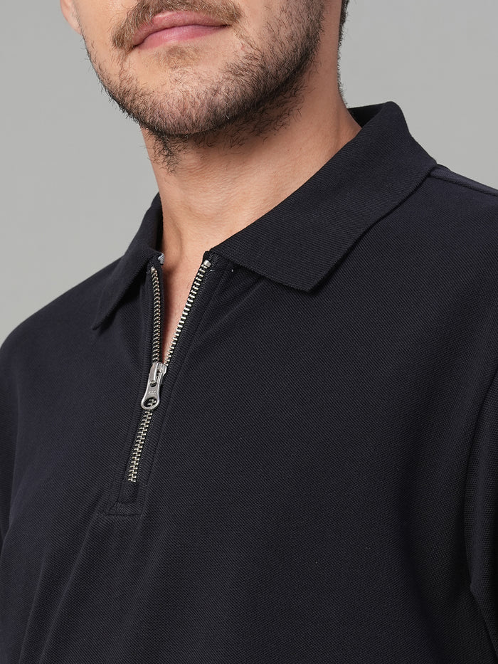 Men's 100% Cotton Zip Polo T Shirt Navy