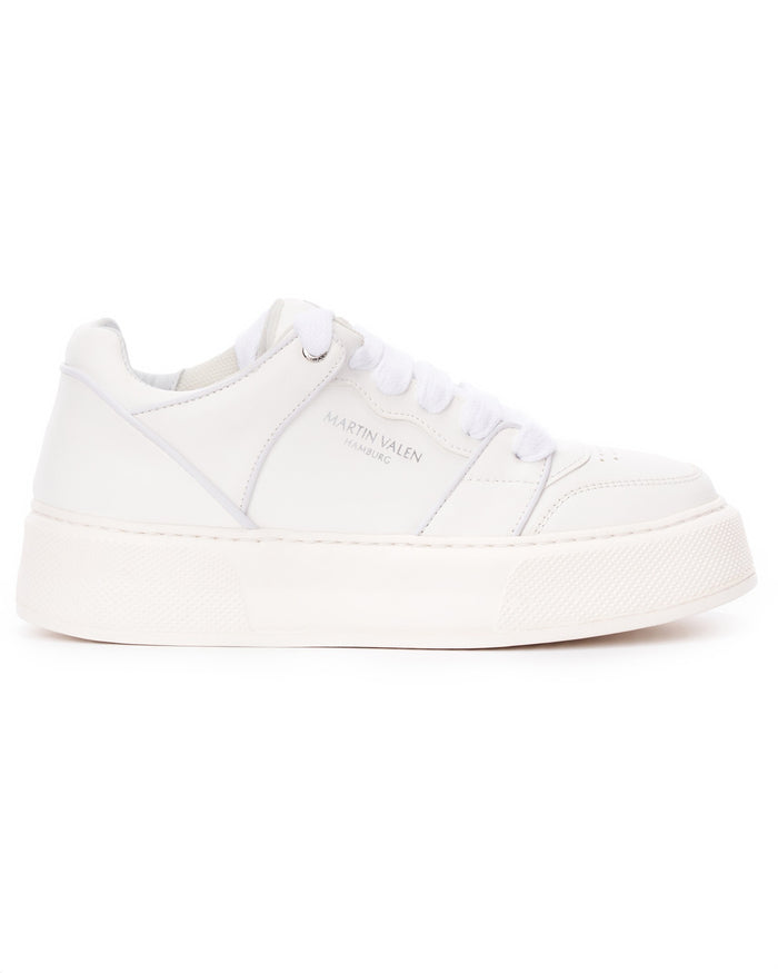 Martin Valen men's white high sneaker, side profile studio view showing embossed logo on the quarter and chunky sole