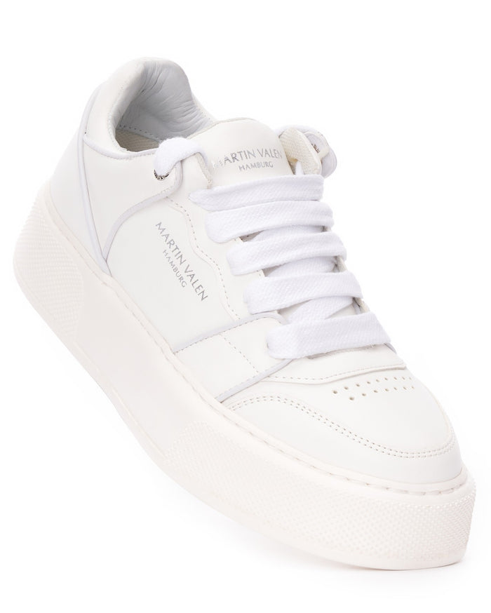 Martin Valen men's high sneakers in white, angled close-up of single shoe highlighting side logo and padded collar with white laces