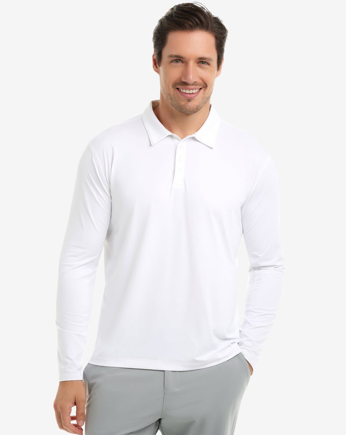 Man wearing long sleeve collared shirt in white. (Style 12004) - BloqUV