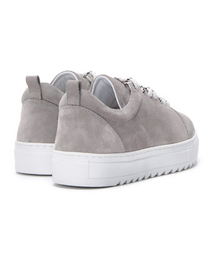 Martin Valen pair of grey low-top sneakers, rear view showing rounded heels and pull tabs