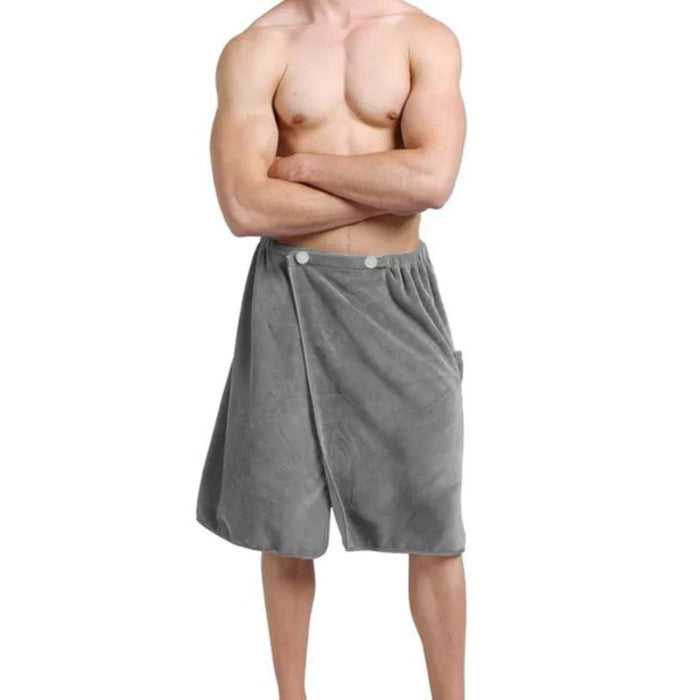 A man wearing a gray microfiber waist wrap with adjustable clips and a pocket, standing next to a close-up of the waist wrap alone.
