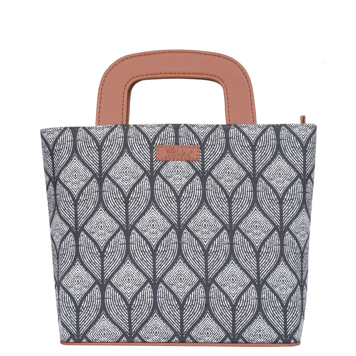 Women’s monochrome handcrafted printed canvas tote handbag with vegan leather handles for office, work and daily use
