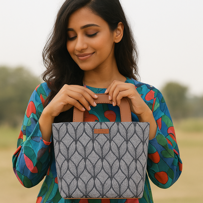 Women’s monochrome handcrafted printed canvas tote handbag with vegan leather handles for office, work and daily use-model image