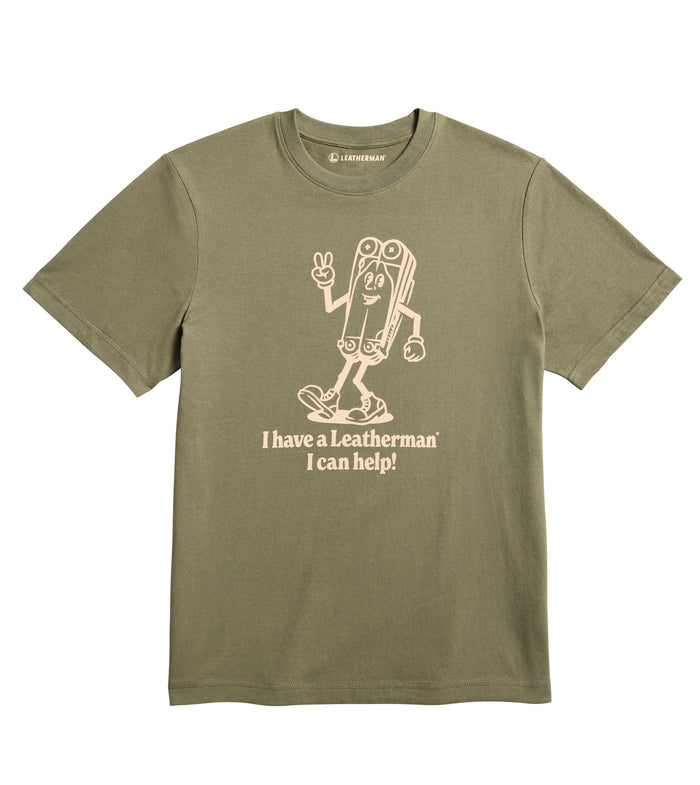 Olive khaki tee shirt with the Mr. Wave logo displaying a character based on the Wave with the slogan 'I have a Leatherman, I can help!"