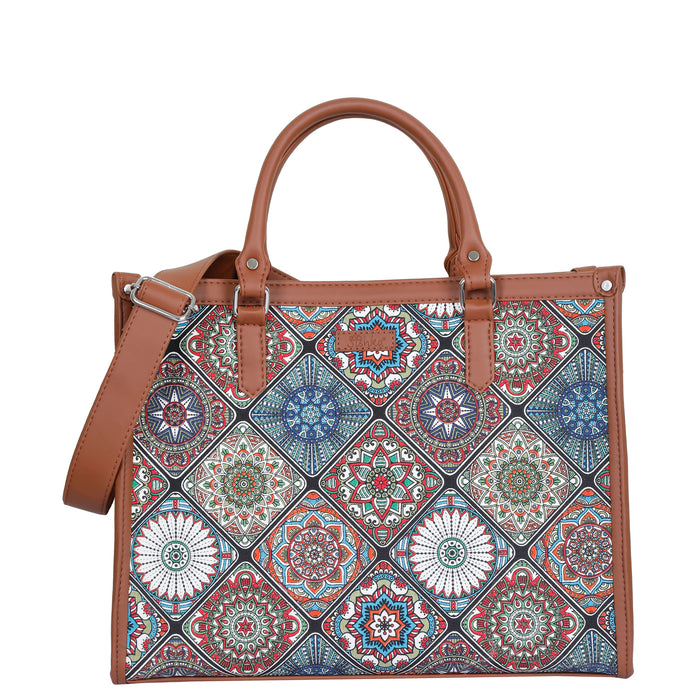 Handcrafted multicolor printed canvas top‑handle laptop tote bag with padded laptop compartment and shoulder strap for work, travel and everyday use