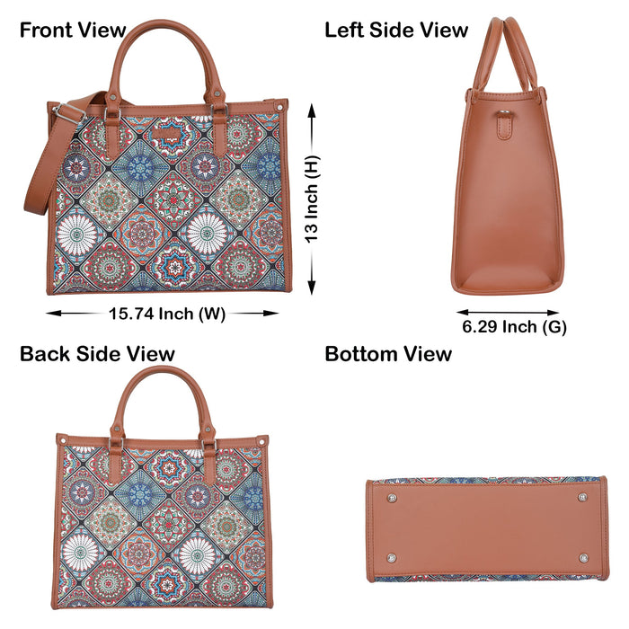 Handcrafted multicolor printed canvas top‑handle laptop tote bag with padded laptop compartment and shoulder strap for work, travel and everyday use-infographic image