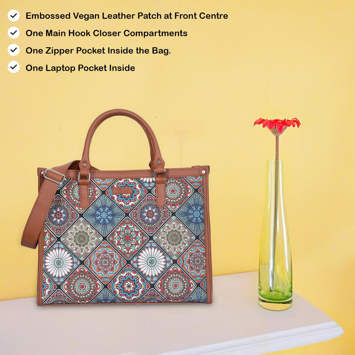 Handcrafted multicolor printed canvas top‑handle laptop tote bag with padded laptop compartment and shoulder strap for work, travel and everyday use-feature image
