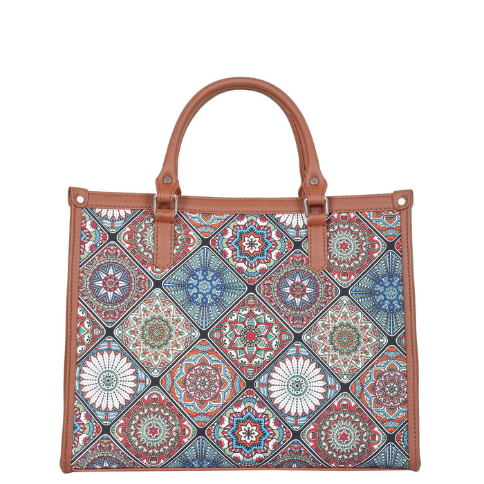 Handcrafted multicolor printed canvas top‑handle laptop tote bag with padded laptop compartment and shoulder strap for work, travel and everyday use-back view