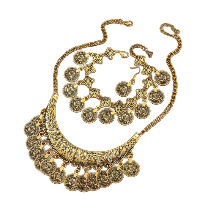 N2715 - American style retro exaggerated moon coin tassel Necklace