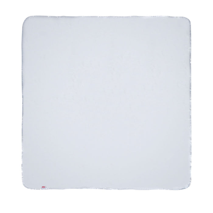 The Nuby US No-Mess Mealtime Mat is a square, white cloth with rounded corners and a red tag in one corner, shown flat on a white background—versatile and easy to clean for hassle-free meals.
