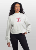 Ohio State Buckeyes Women's Ash-Grey Relaxed, waist-length Heavyweight Fleece Sweatshirt with mock neck, drop shoulders and balloon sleeves