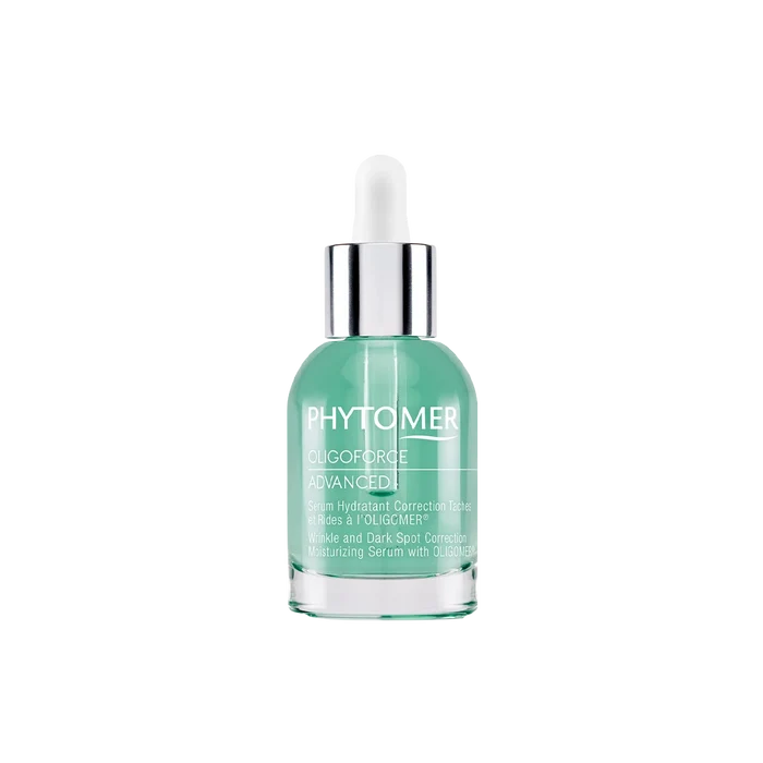 Clear glass dropper bottle containing green moisturizing serum labeled Oligoforce Advanced Wrinkle & Dark Spot Correction Moisturizing Serum with Oligomer | Phytomer for skincare and anti-aging benefits.