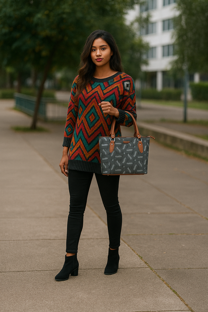 Women’s olive green handcrafted printed canvas tote bag with shoulder straps-model image