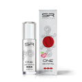 Bottle and box packaging of One Step Peel | SR Cosmetics, a skincare product with minimalist silver design and red decorative swirl pattern.